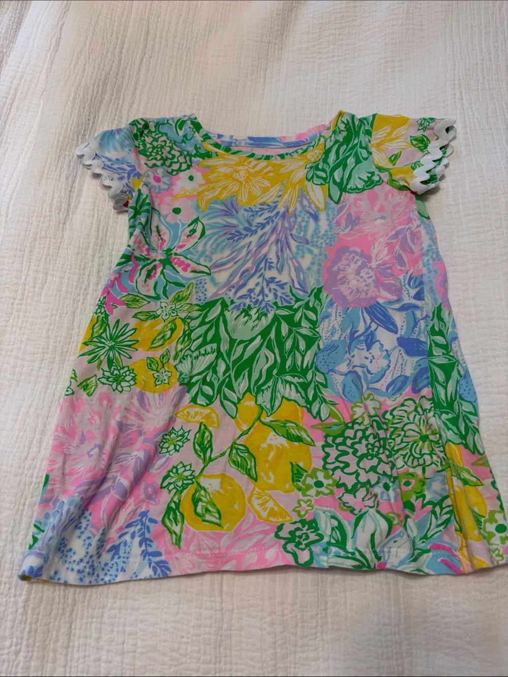 Lilly Pulitzer Girls Floral Flutter Sleeve Dress - Pink, Green, Yellow, Blue